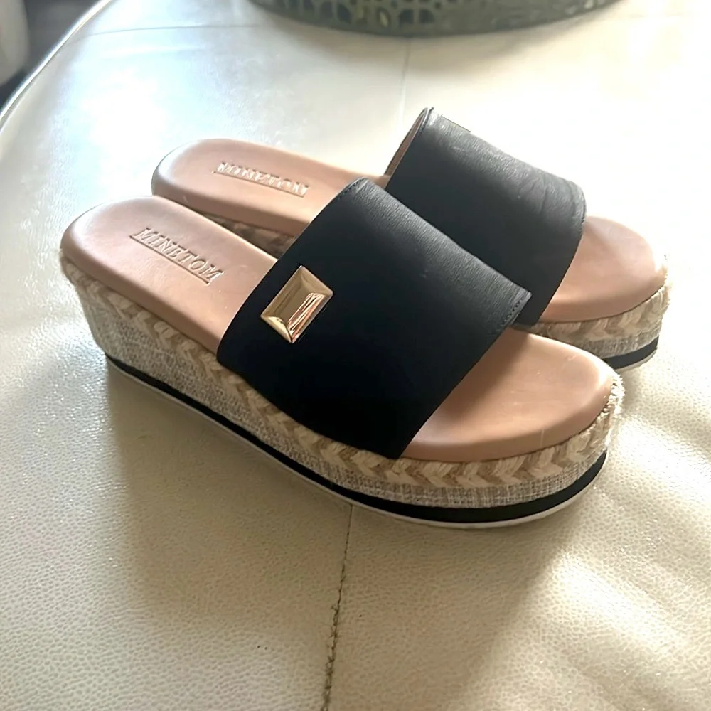Platform Roman Open Toe Wedge Slides Sandals 7/8 Black Espadrilles Mules Casual